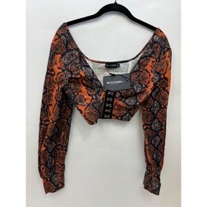 NWT Pretty Little Thing Burnt Orange Hook Eye Lg Sleeve Crop Top Women's Size 8